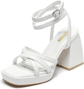 Amoji Women's 4 Inch Platform Chunky Heel Strappy Ankle Strap Block Heeled Sandals 305