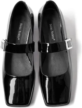 BEAU TODAY Mary Jane Flats for Women, Patent Leather Ballet Flats Shoes, Square Toe Comfortable Business Casual Buckle Non-Slip Ladies Dress Shoes