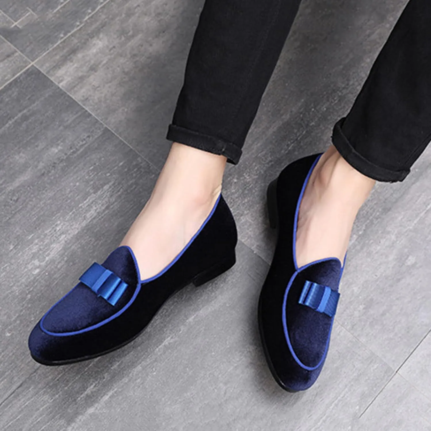ByErz Mens Loafers Casual Slip on Formal Dress Shoes Banquet with Bowtie Penny Flats Smoking Slippers