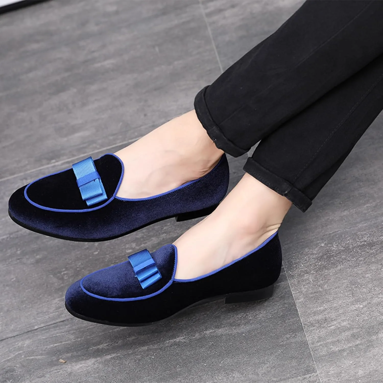 ByErz Mens Loafers Casual Slip on Formal Dress Shoes Banquet with Bowtie Penny Flats Smoking Slippers