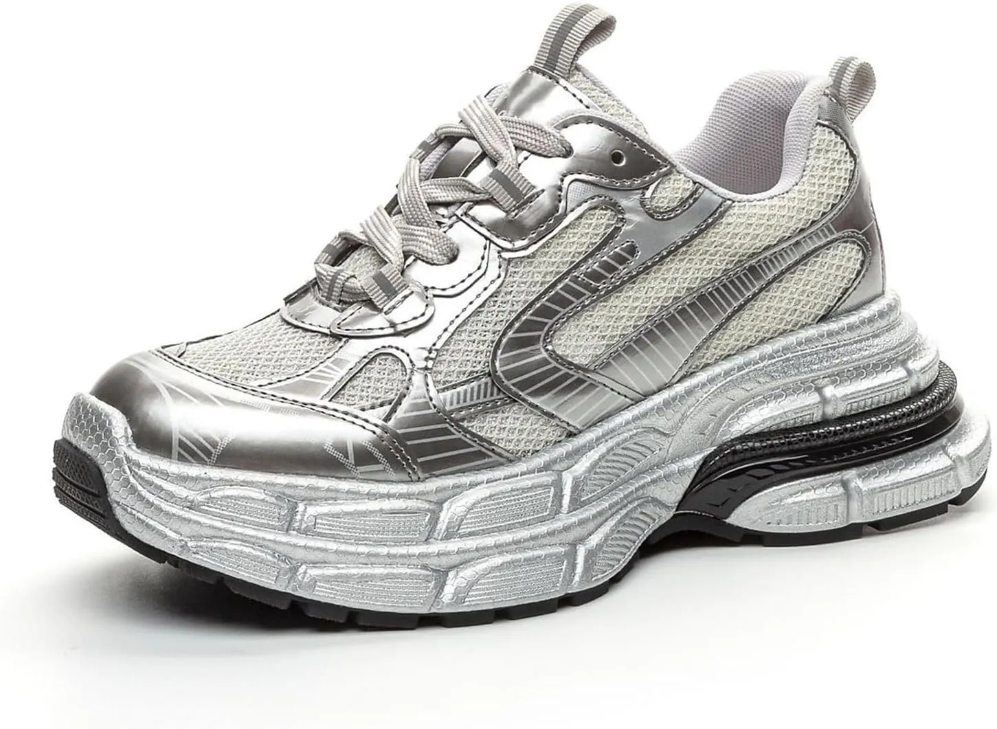Fashion Women's Platform Trainers - Trendy Dad Sneaker Style with Breathable Mesh/Lace-up for Lightweight Autumn Casual Looks,Silver-36