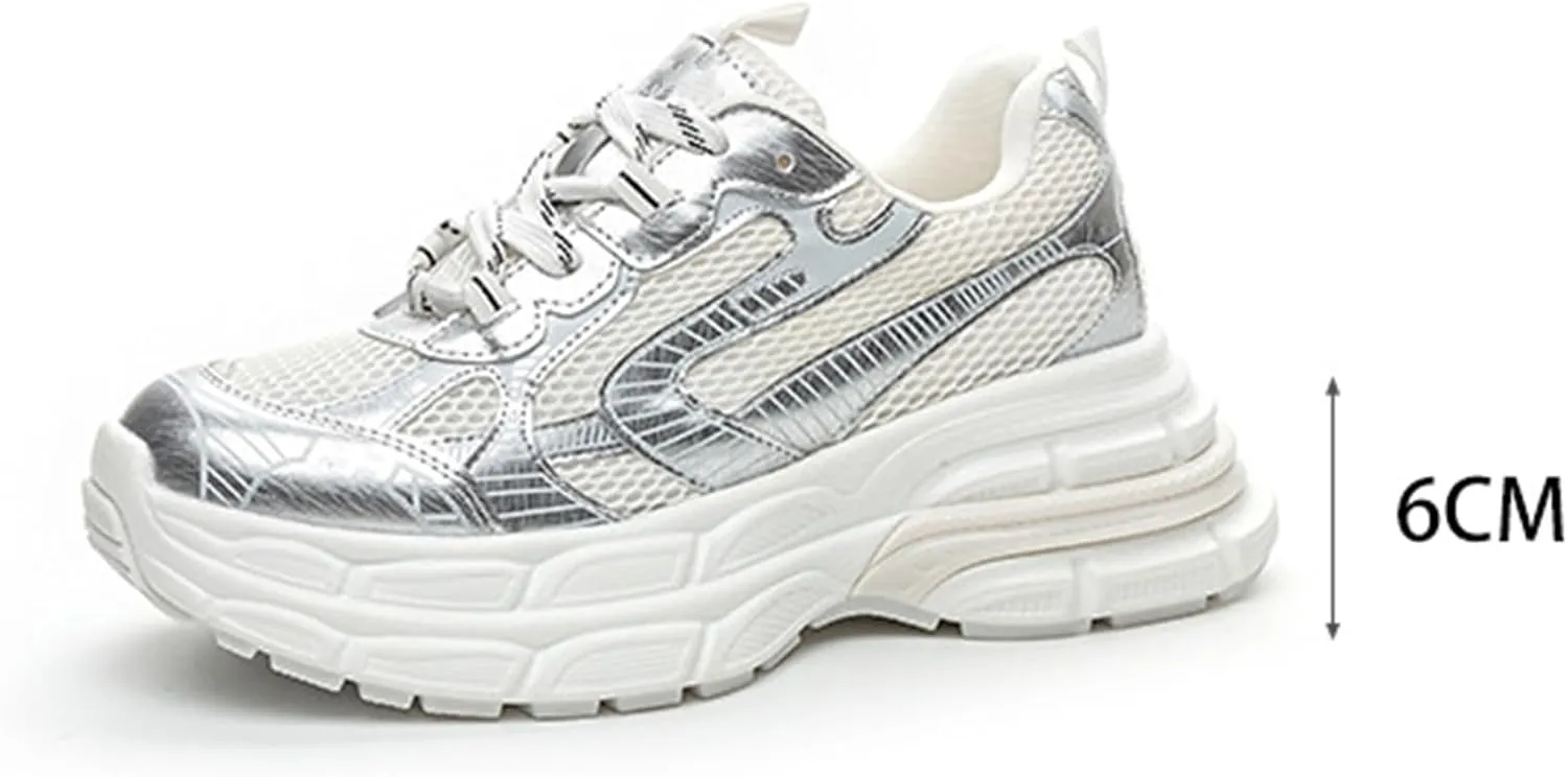 Fashion Women's Platform Trainers - Trendy Dad Sneaker Style with Breathable Mesh/Lace-up for Lightweight Autumn Casual Looks,Silver-36
