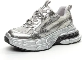 Fashion Women's Platform Trainers - Trendy Dad Sneaker Style with Breathable Mesh/Lace-up for Lightweight Autumn Casual Looks,Silver-36