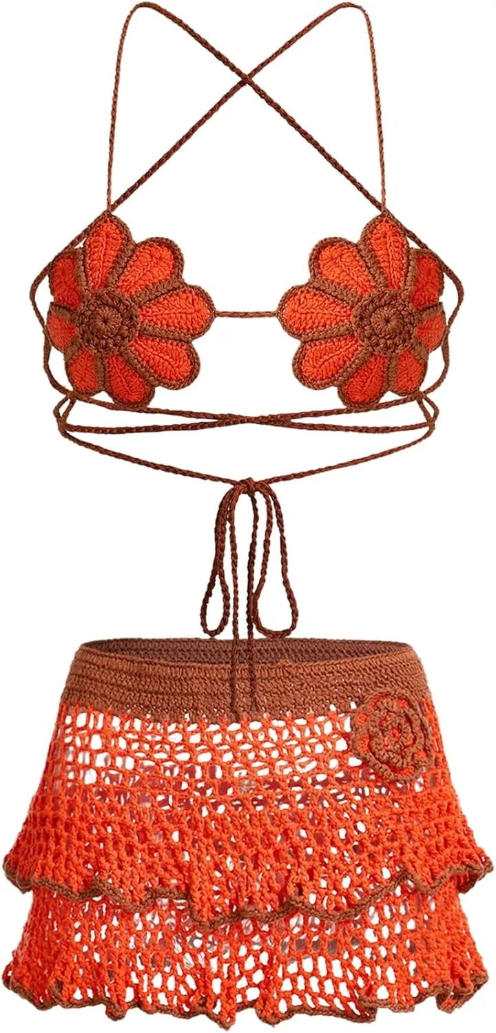 MakeMeChic Women's 3 Piece Crochet Cover Up Set 3D Flower Halter Criss Cross Tops Skirt Bikini Set