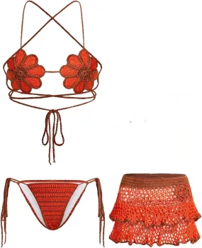 MakeMeChic Women's 3 Piece Crochet Cover Up Set 3D Flower Halter Criss Cross Tops Skirt Bikini Set