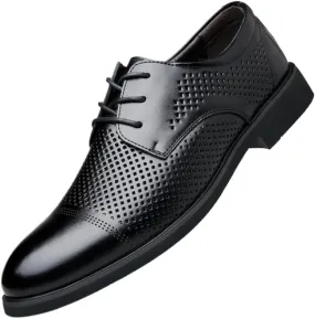 Men's Black Oxford Dress Shoes, Breathable Genuine Leather Formal Shoes, Pierced Lace-Up Business Shoes, Classic Leather Oxford Shoes for Men