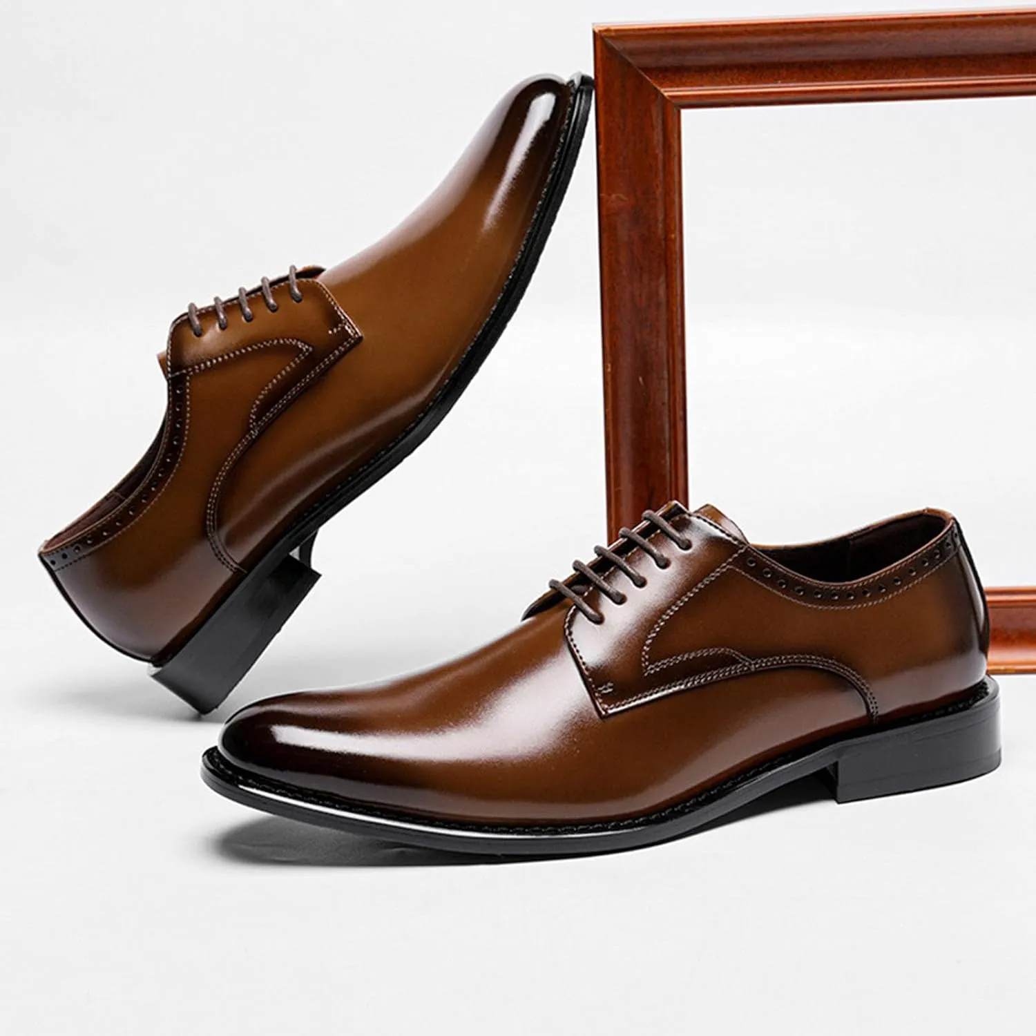 Men's Classic Genuine Leather Formal Business Derby Leather Shoes Fashion Lace Up Casual Tailcoat Oxford Shoes Comfortable Business Dress Shoes