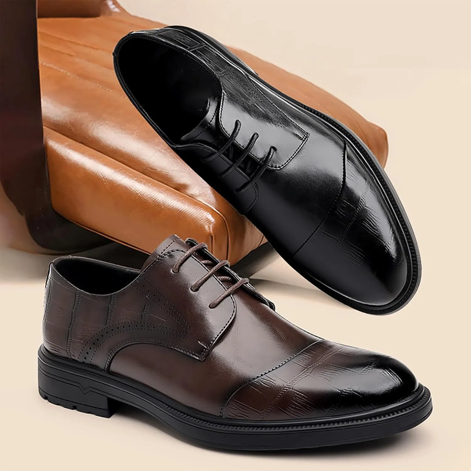 Men's Genuine Leather Breathable Three-Piece Shoes, Business Wedding Groomsmen Dress Shoes with Soft Upper, Anti-Slip Sole Suitable for Business Gentlemen