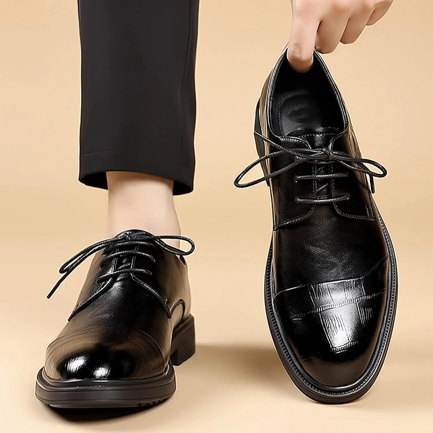Men's Genuine Leather Breathable Three-Piece Shoes, Business Wedding Groomsmen Dress Shoes with Soft Upper, Anti-Slip Sole Suitable for Business Gentlemen