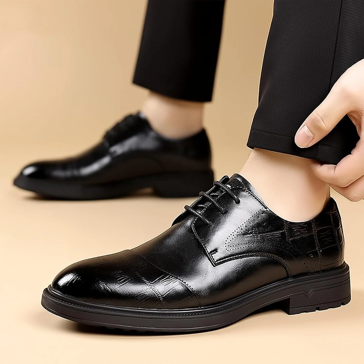 Men's Genuine Leather Breathable Three-Piece Shoes, Business Wedding Groomsmen Dress Shoes with Soft Upper, Anti-Slip Sole Suitable for Business Gentlemen