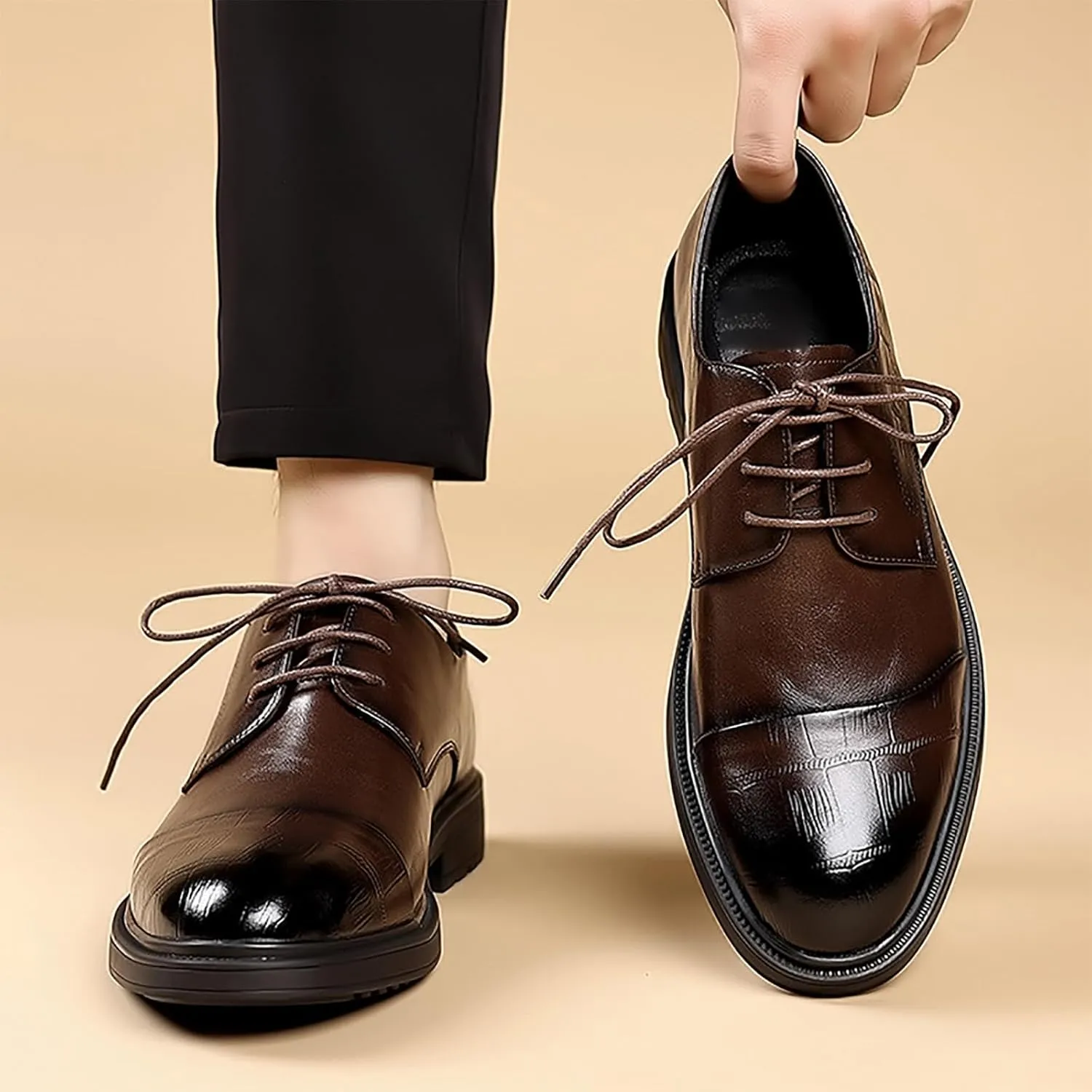 Men's Genuine Leather Breathable Three-Piece Shoes, Business Wedding Groomsmen Dress Shoes with Soft Upper, Anti-Slip Sole Suitable for Business Gentlemen