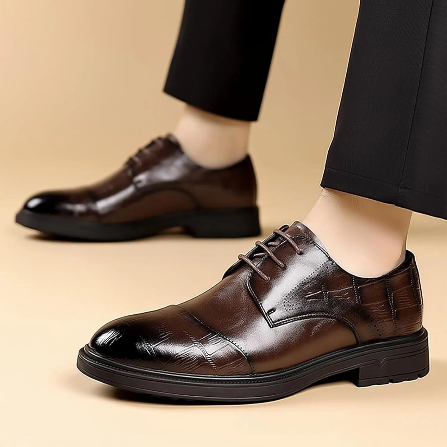 Men's Genuine Leather Breathable Three-Piece Shoes, Business Wedding Groomsmen Dress Shoes with Soft Upper, Anti-Slip Sole Suitable for Business Gentlemen