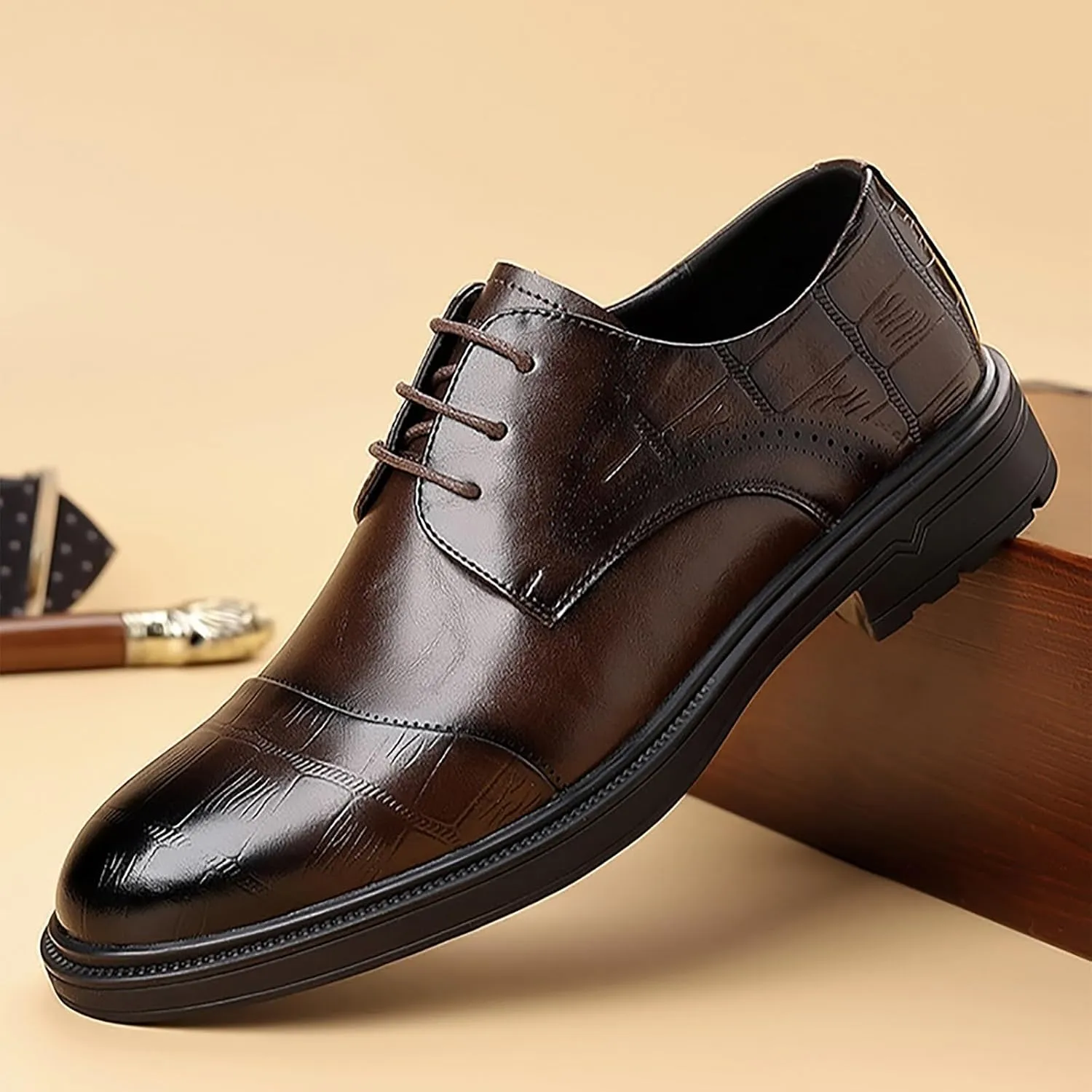 Men's Genuine Leather Breathable Three-Piece Shoes, Business Wedding Groomsmen Dress Shoes with Soft Upper, Anti-Slip Sole Suitable for Business Gentlemen