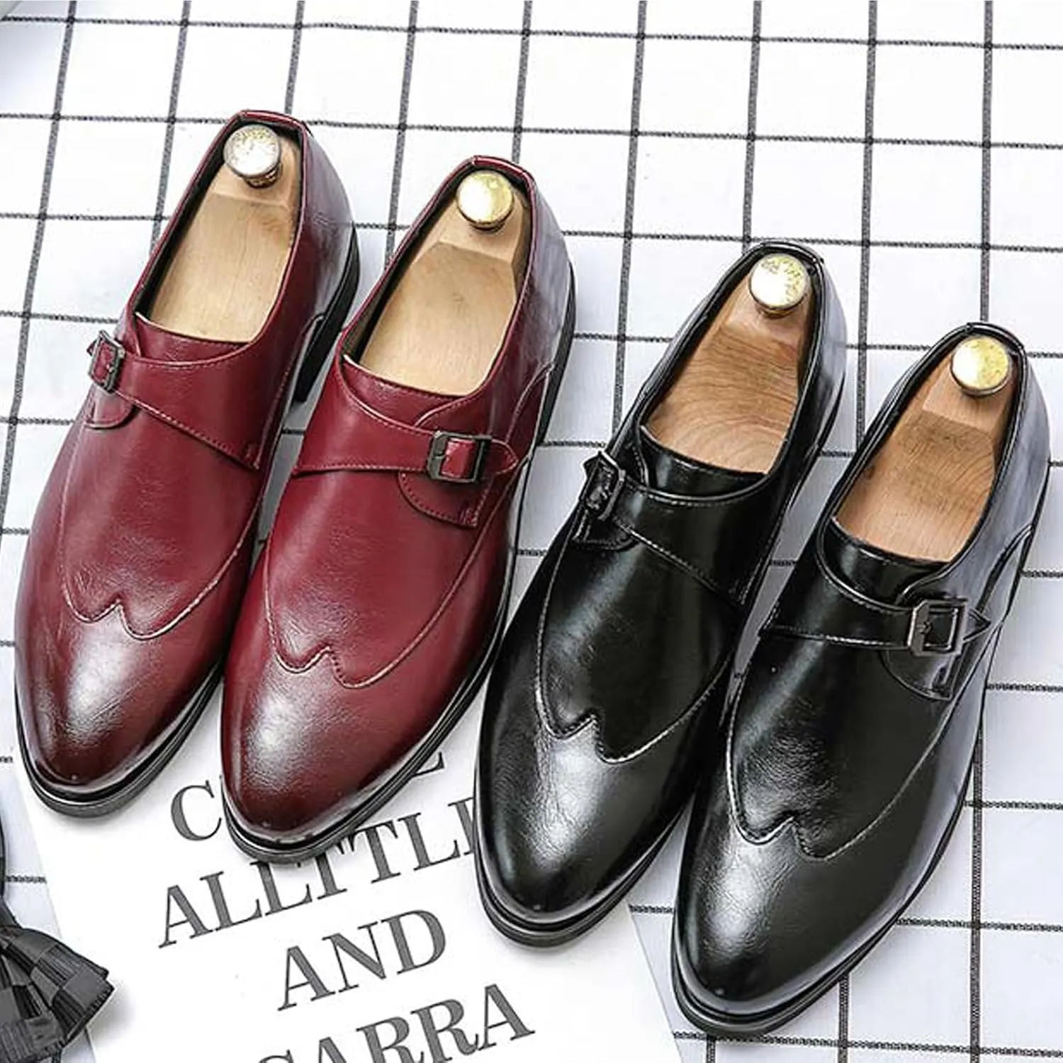 Men's Leather Monk Strap Oxford Dress Shoes Classic Pointed Luxury Derby Shoes Fashion Business Formal Shoes for Office Work Business Fashion
