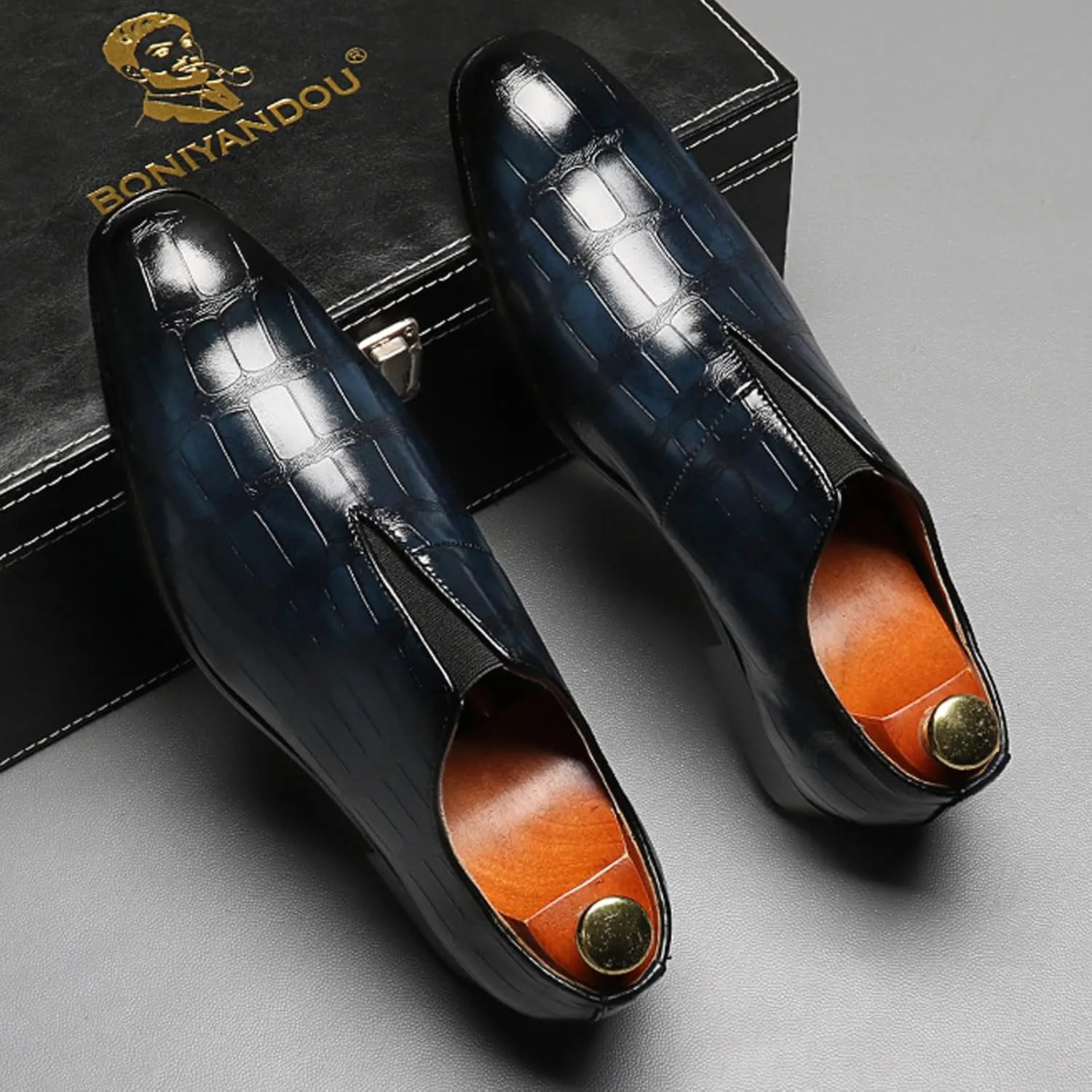 Men's Leather Printed Slip on Dress Loafers Casual Pointed Toe Business Formal Retro Leather Shoes Fashion Luxury Elastic Band Business Oxford Shoes