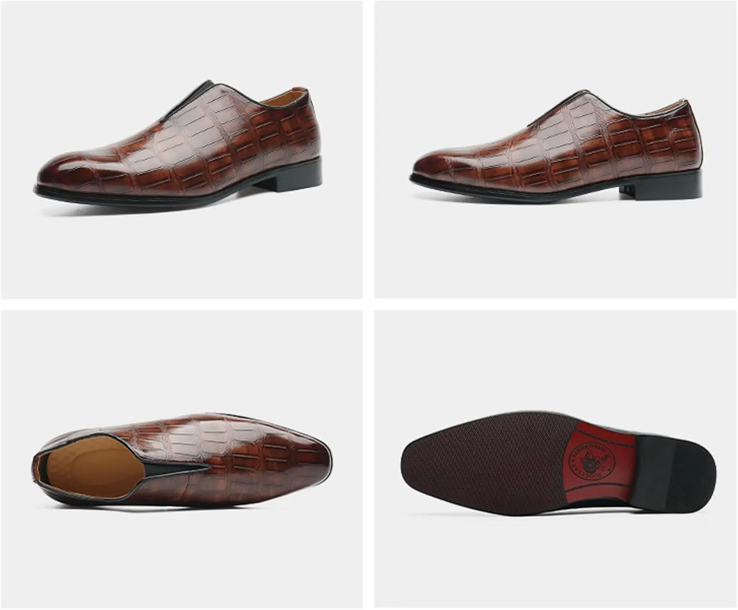 Men's Leather Printed Slip on Dress Loafers Casual Pointed Toe Business Formal Retro Leather Shoes Fashion Luxury Elastic Band Business Oxford Shoes