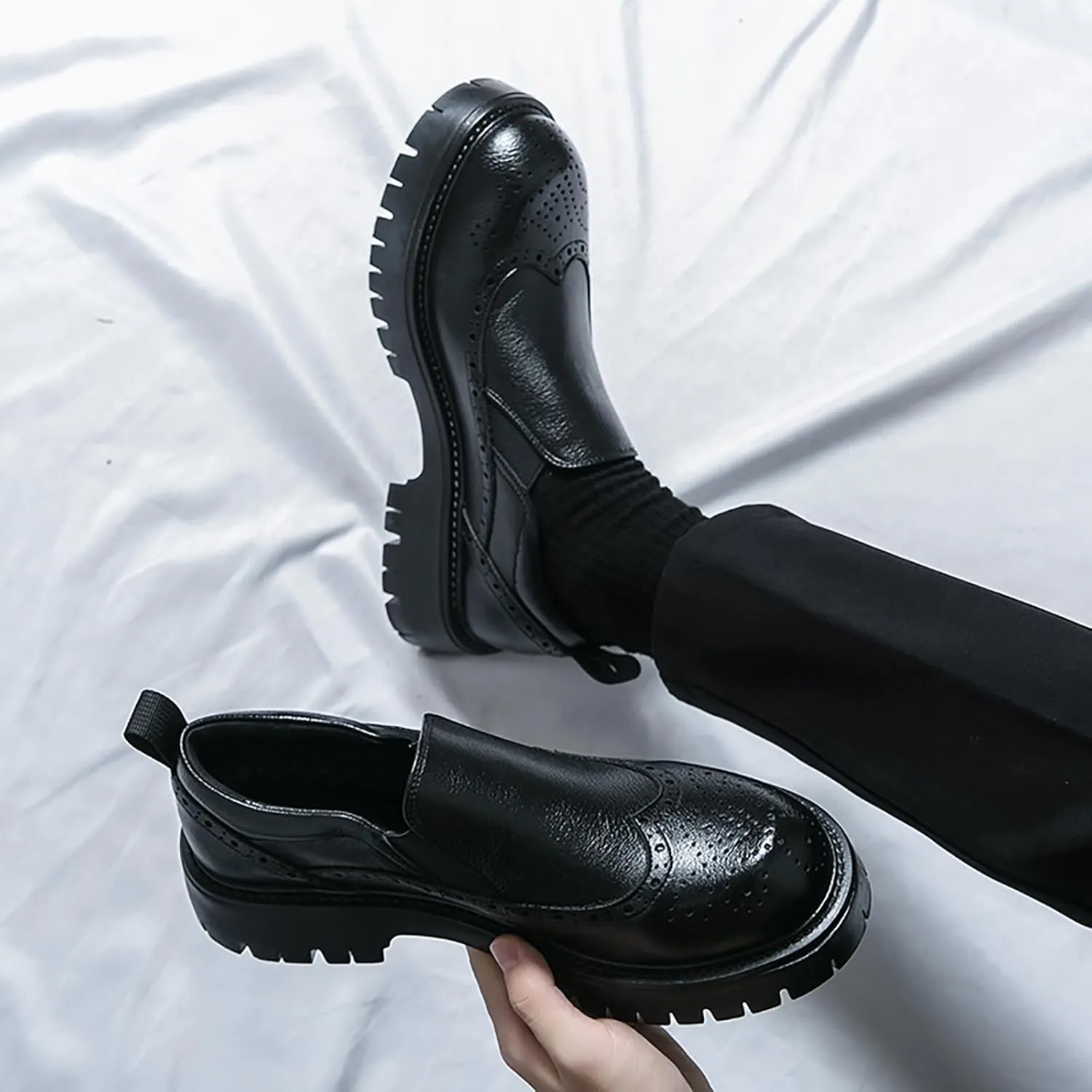 Men's Leather Wingtip Platform Loafers Classic Round Toe Slip-On Lug Sole Dress Shoes Business Casual Formal Work Shoes