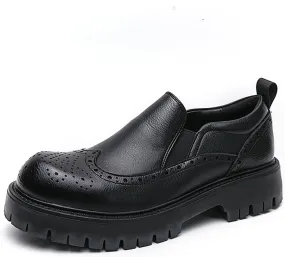 Men's Leather Wingtip Platform Loafers Classic Round Toe Slip-On Lug Sole Dress Shoes Business Casual Formal Work Shoes