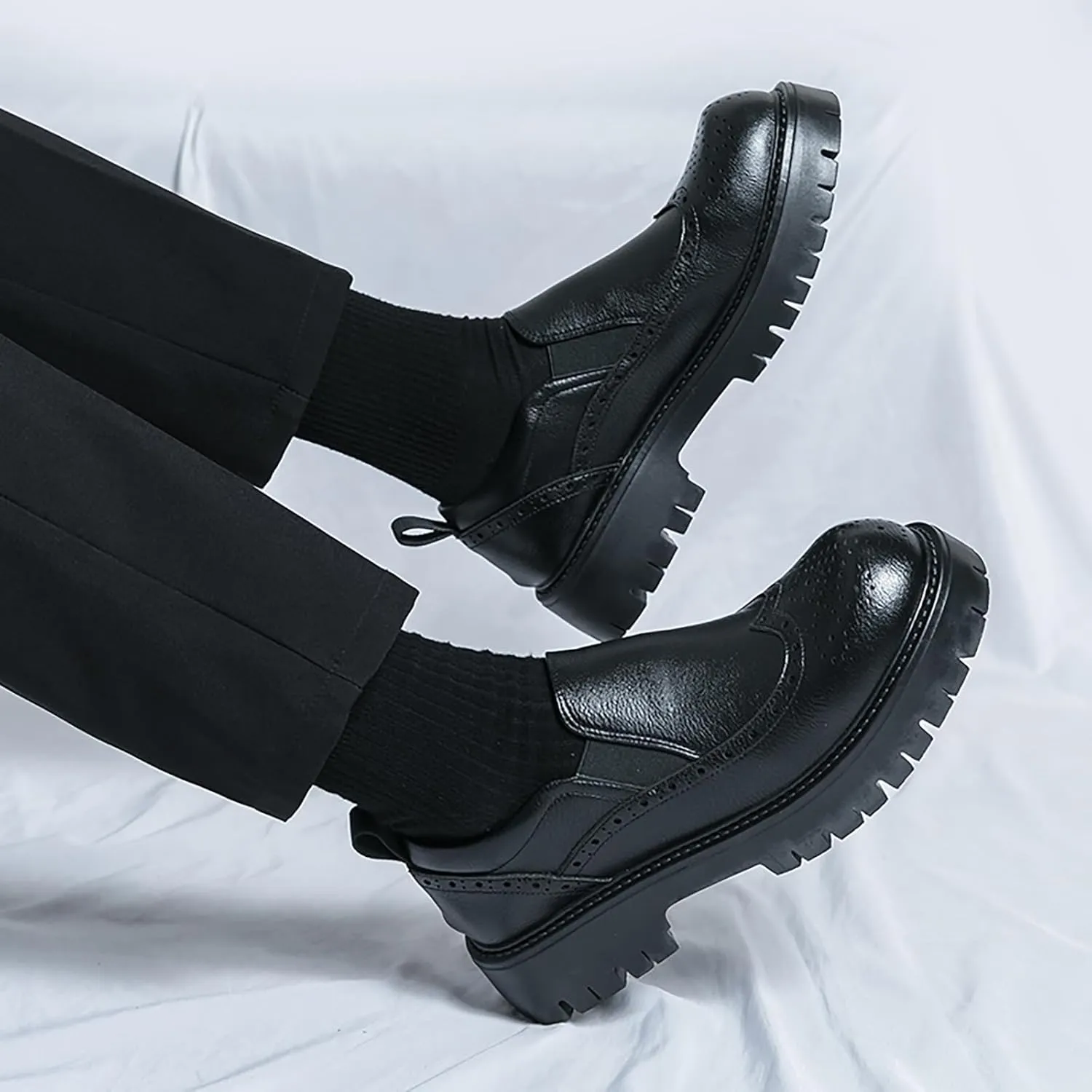 Men's Leather Wingtip Platform Loafers Classic Round Toe Slip-On Lug Sole Dress Shoes Business Casual Formal Work Shoes