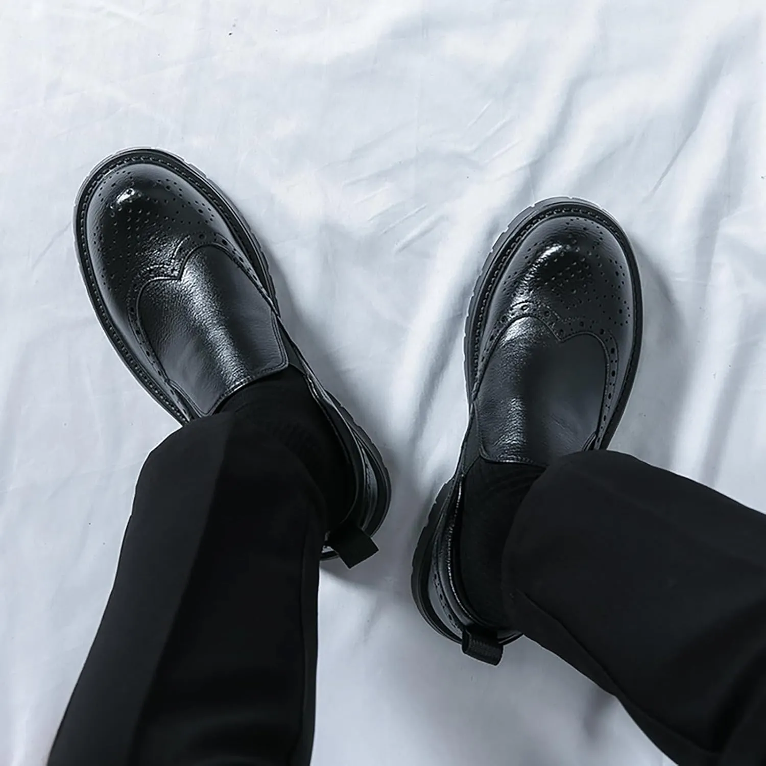 Men's Leather Wingtip Platform Loafers Classic Round Toe Slip-On Lug Sole Dress Shoes Business Casual Formal Work Shoes