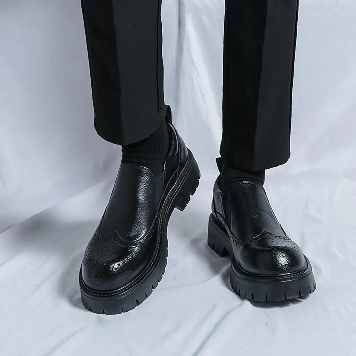 Men's Leather Wingtip Platform Loafers Classic Round Toe Slip-On Lug Sole Dress Shoes Business Casual Formal Work Shoes