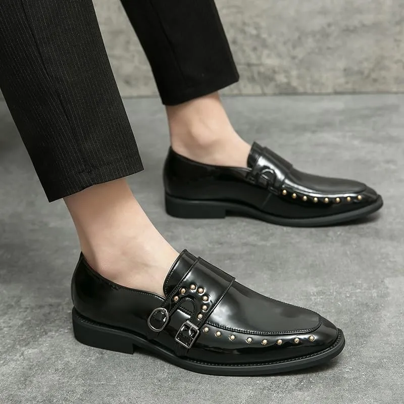 New Dress Shoes for Men Slip On Round Toe Solid Color Vegan Leather Double Monk Strap Rubber Sole Slip Resistant Low Top Anti-Slip Non Slip Walking