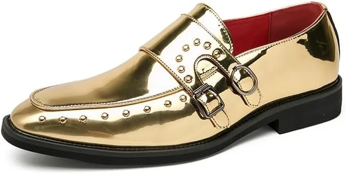 New Dress Shoes for Men Slip On Round Toe Solid Color Vegan Leather Double Monk Strap Rubber Sole Slip Resistant Low Top Anti-Slip Non Slip Walking