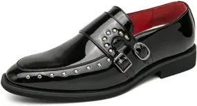 New Dress Shoes for Men Slip On Round Toe Solid Color Vegan Leather Double Monk Strap Rubber Sole Slip Resistant Low Top Anti-Slip Non Slip Walking