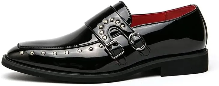 New Dress Shoes for Men Slip On Round Toe Solid Color Vegan Leather Double Monk Strap Rubber Sole Slip Resistant Low Top Anti-Slip Non Slip Walking