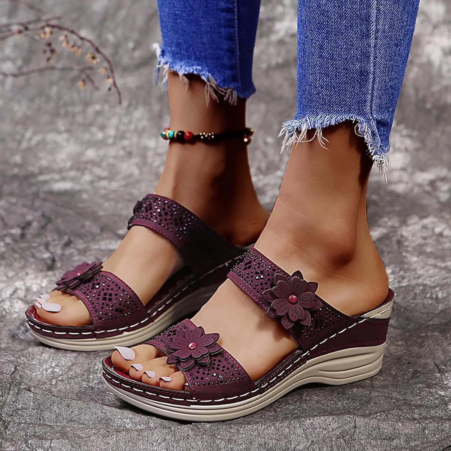 oiangi Women's Sandals Comfortable Wedge Sandals with Arch Support Summer Casual Fish Mouth Open Toe Slip-on Slipper Flower Hollow Platform Slides Flip Flops