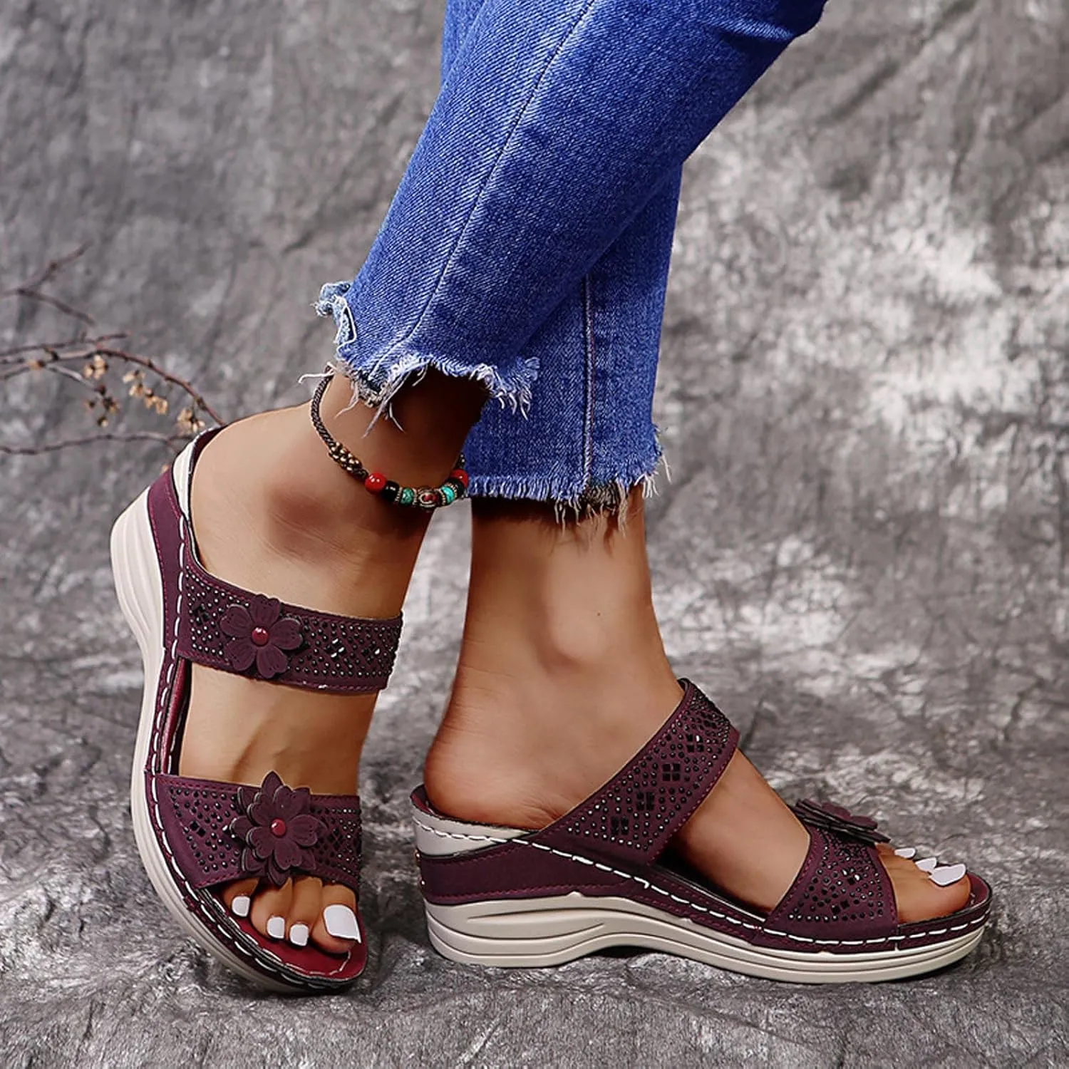 oiangi Women's Sandals Comfortable Wedge Sandals with Arch Support Summer Casual Fish Mouth Open Toe Slip-on Slipper Flower Hollow Platform Slides Flip Flops