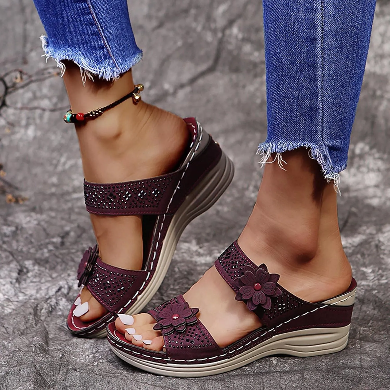 oiangi Women's Sandals Comfortable Wedge Sandals with Arch Support Summer Casual Fish Mouth Open Toe Slip-on Slipper Flower Hollow Platform Slides Flip Flops