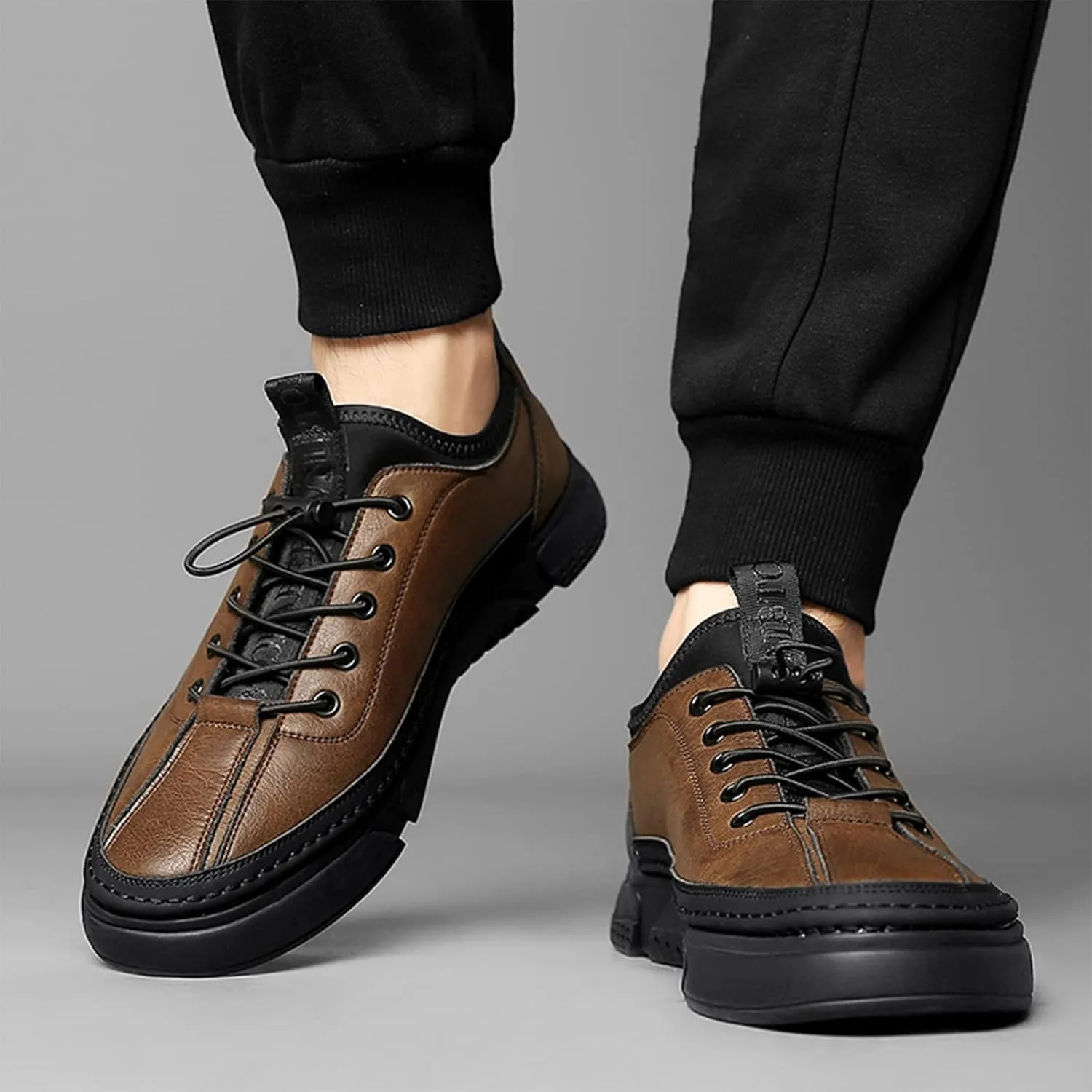 Optigard Mens Leather Casual Shoes,Hand Stitching Lace Up Comfort Non Slip Walking Sports Sneaker Lightweight Business Height Lifting Elevator Shoes