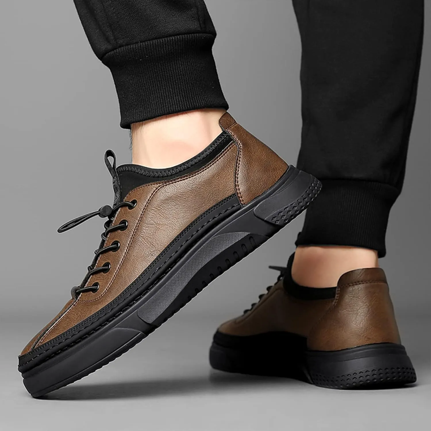 Optigard Mens Leather Casual Shoes,Hand Stitching Lace Up Comfort Non Slip Walking Sports Sneaker Lightweight Business Height Lifting Elevator Shoes