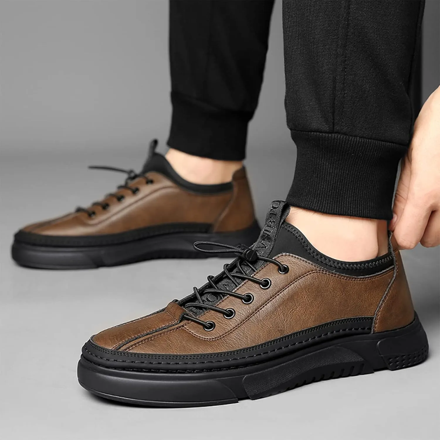 Optigard Mens Leather Casual Shoes,Hand Stitching Lace Up Comfort Non Slip Walking Sports Sneaker Lightweight Business Height Lifting Elevator Shoes