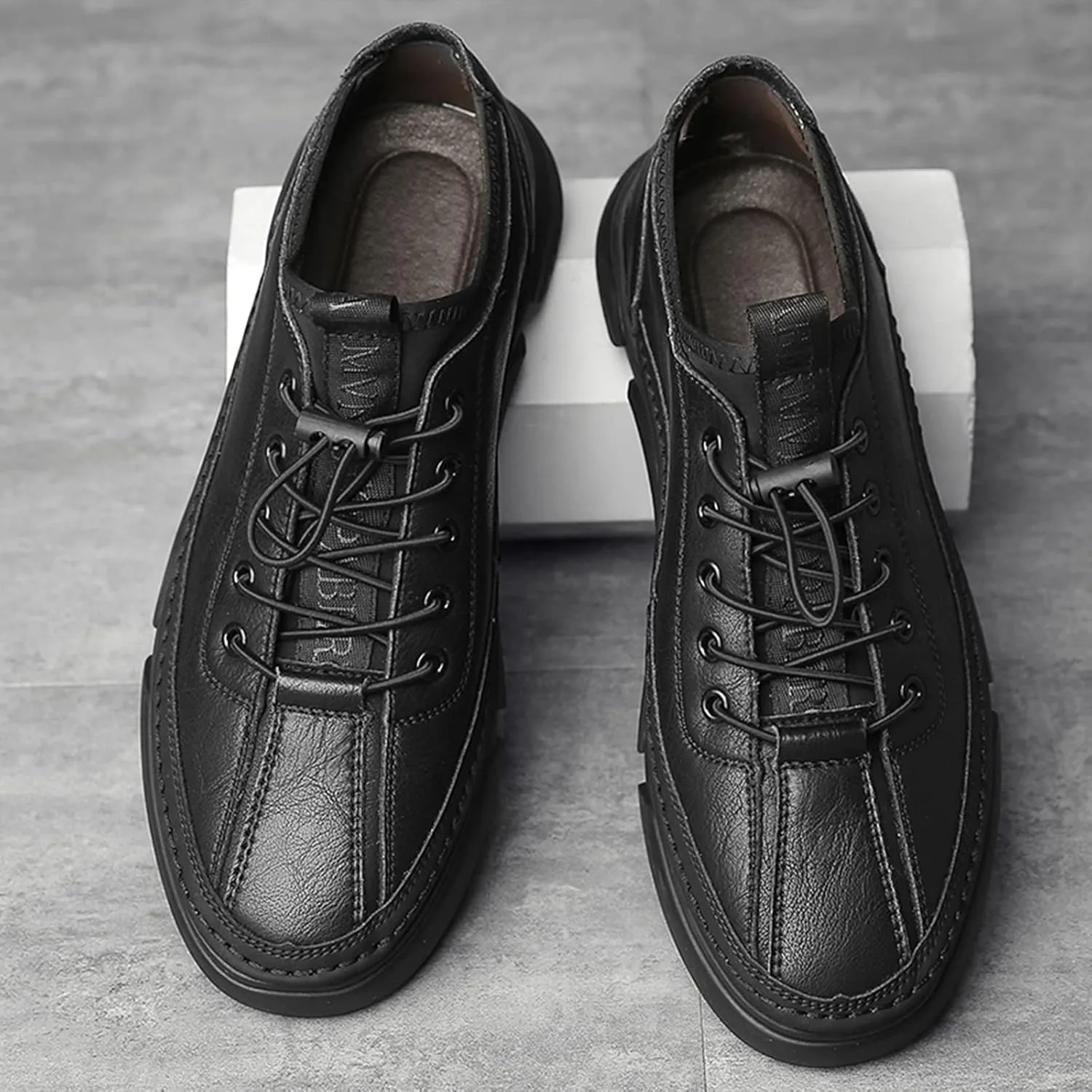 Optigard Mens Leather Casual Shoes,Hand Stitching Lace Up Comfort Non Slip Walking Sports Sneaker Lightweight Business Height Lifting Elevator Shoes