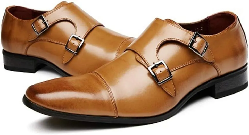 Oxford Dress Shoes for Men Slip On Monk Strap Square Cap Toe Leather Anti-Slip Non Slip Block Heel Rubber Sole Walking