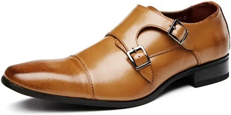 Oxford Dress Shoes for Men Slip On Monk Strap Square Cap Toe Leather Anti-Slip Non Slip Block Heel Rubber Sole Walking