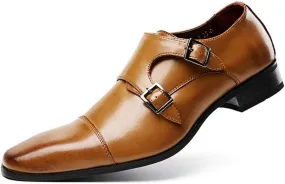 Oxford Dress Shoes for Men Slip On Monk Strap Square Cap Toe Leather Anti-Slip Non Slip Block Heel Rubber Sole Walking