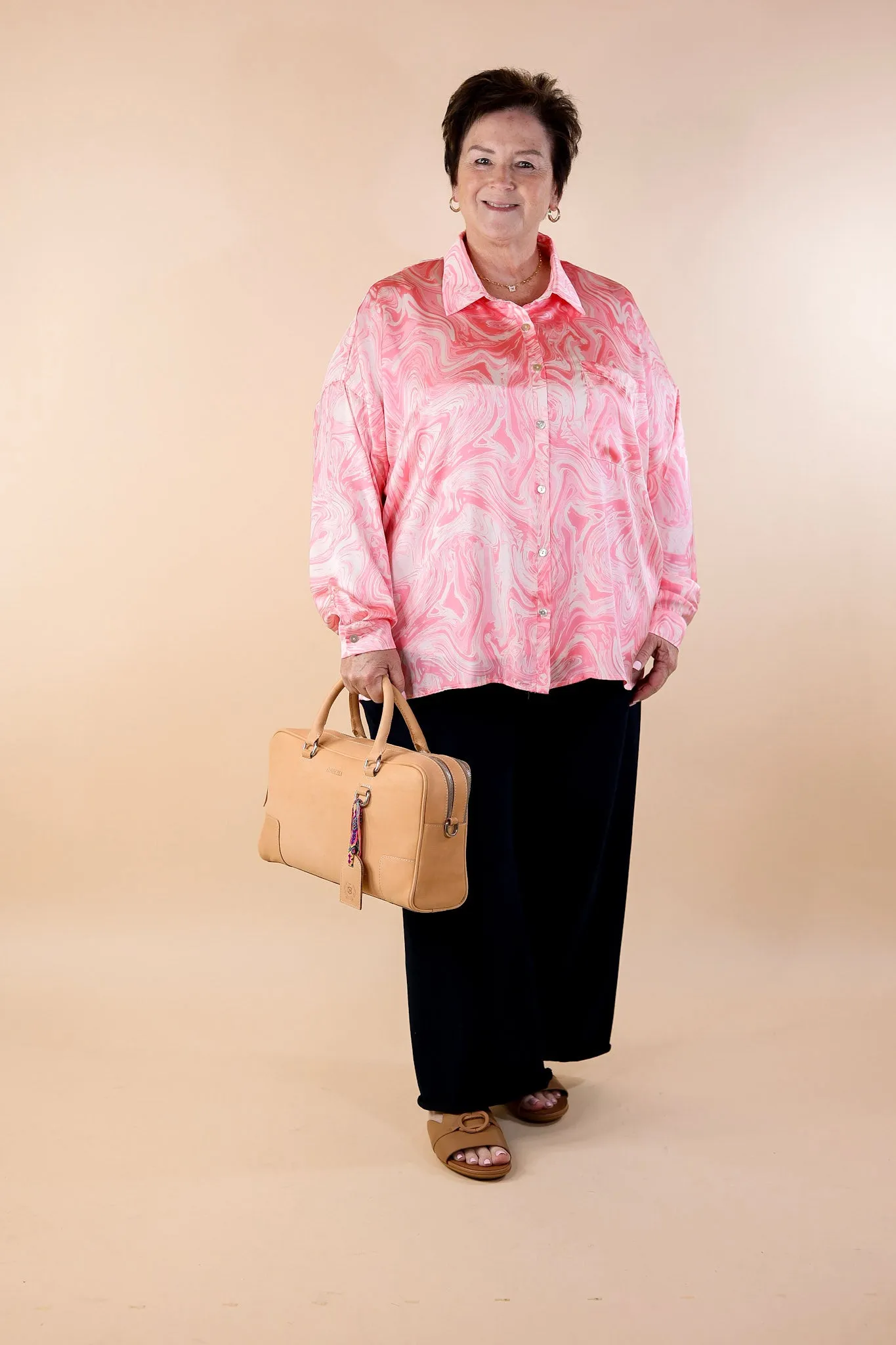 Pack A Punch Button Up Satin Marble Print Top in Pink