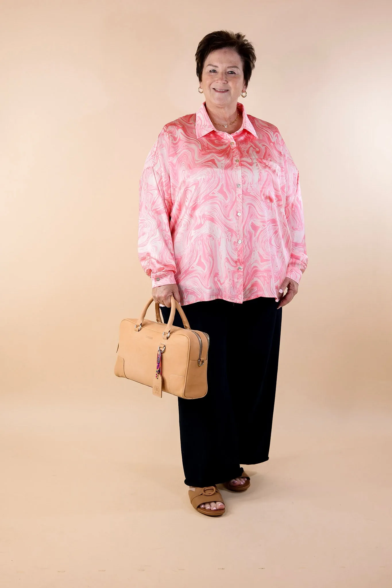 Pack A Punch Button Up Satin Marble Print Top in Pink