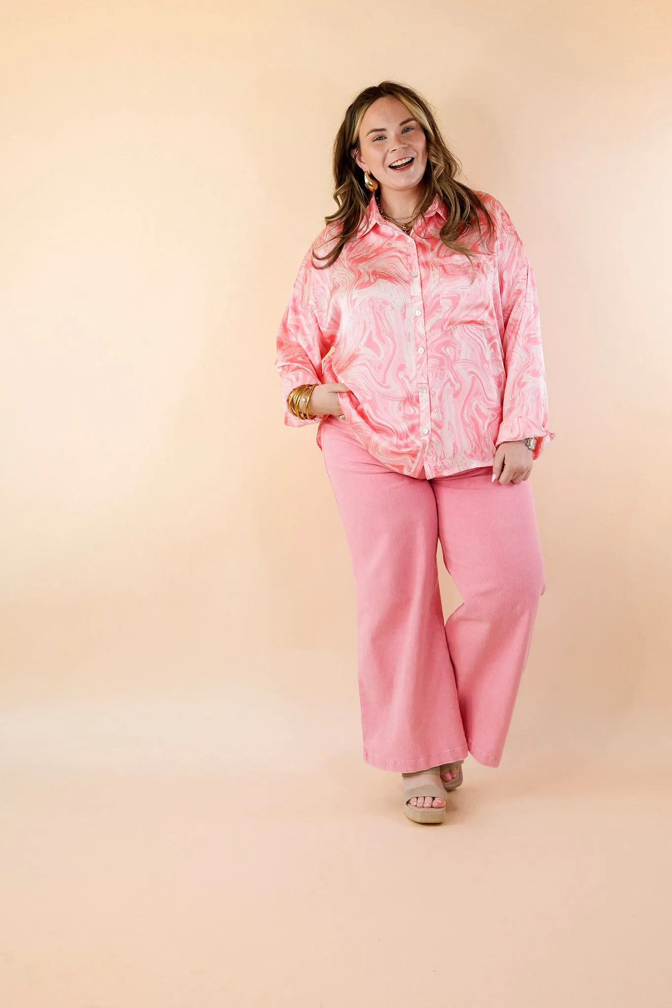 Pack A Punch Button Up Satin Marble Print Top in Pink