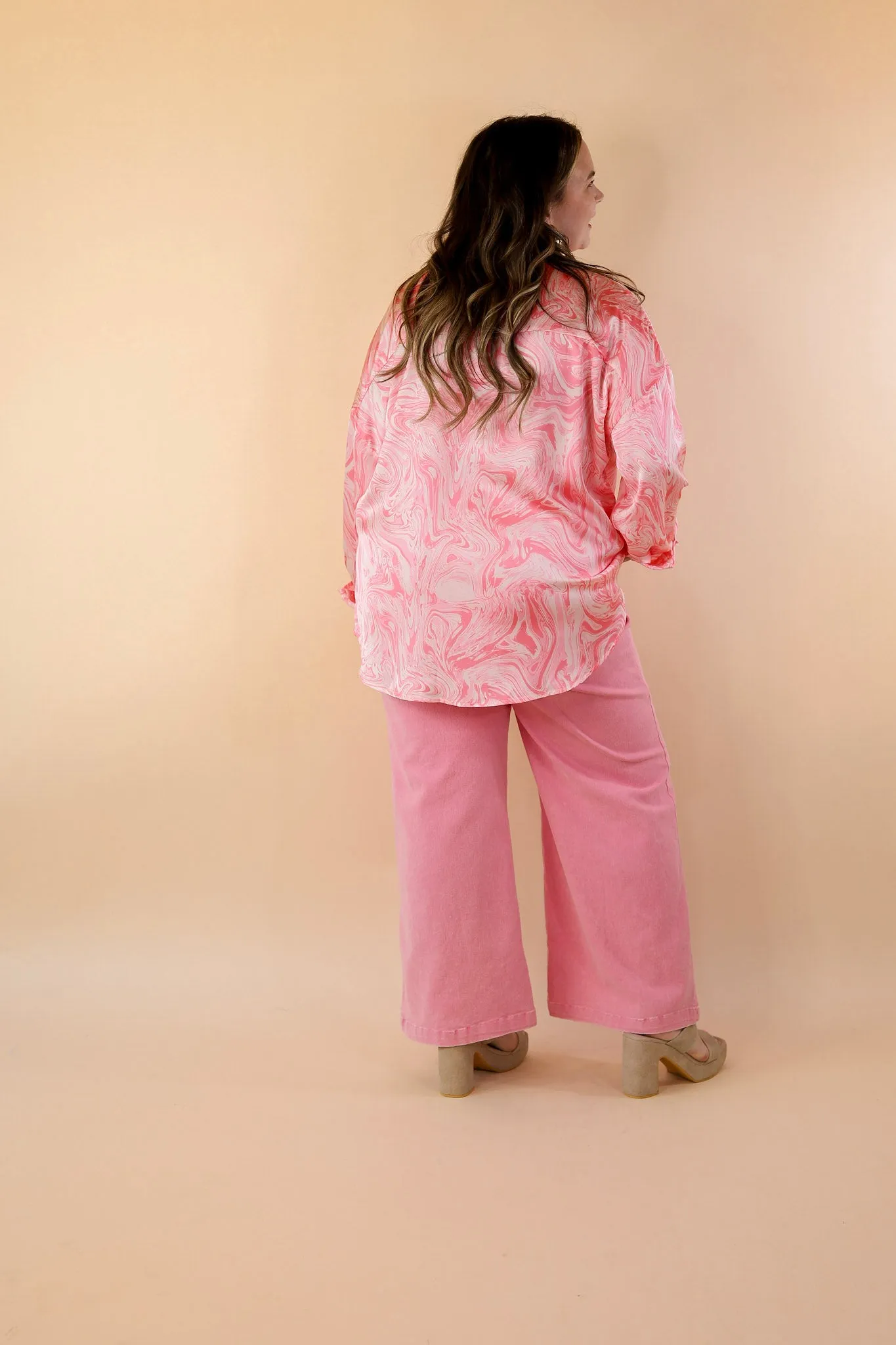 Pack A Punch Button Up Satin Marble Print Top in Pink