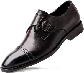 Single Season Dress Shoes for Men Slip On Monk Strap Cap Burnished Toe Leather Resistant Non Slip Anti-Slip Low Top Block Heel Casual Very Popular Among Young People (Color : Darkbrown,