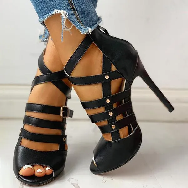Solid Hollow Out Ankle Strap Thin Heeled Sandals