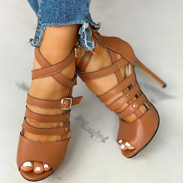 Solid Hollow Out Ankle Strap Thin Heeled Sandals