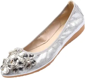 Traveltopp Women's Fashion Rhinestone Ballet Flats Foldable Comfortable Pointed Toe Slip-on Loafers Work Walking Bridal Dress Shoes