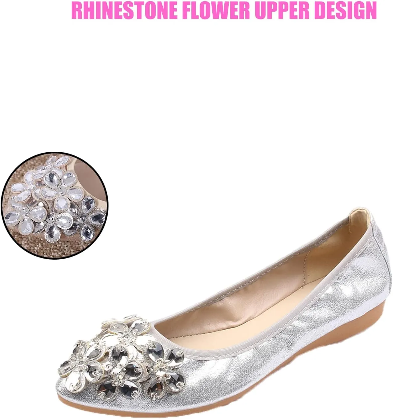 Traveltopp Women's Fashion Rhinestone Ballet Flats Foldable Comfortable Pointed Toe Slip-on Loafers Work Walking Bridal Dress Shoes