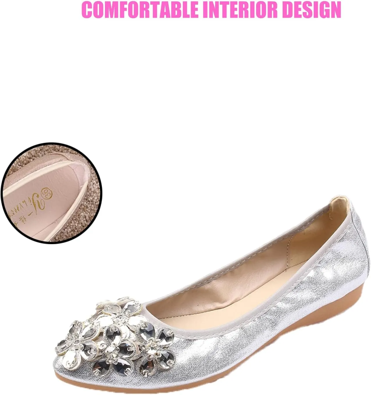 Traveltopp Women's Fashion Rhinestone Ballet Flats Foldable Comfortable Pointed Toe Slip-on Loafers Work Walking Bridal Dress Shoes