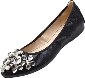 Traveltopp Women's Fashion Rhinestone Ballet Flats Foldable Comfortable Pointed Toe Slip-on Loafers Work Walking Bridal Dress Shoes